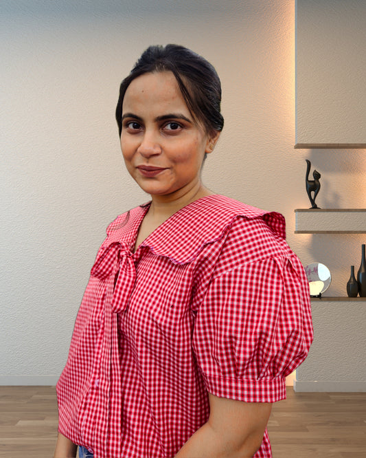 Red Checked Bow Tie Puff Sleeve Blouse Top for Women
