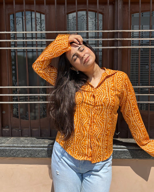 Women's Mustard Bandhani Print Flared Sleeve Shirt