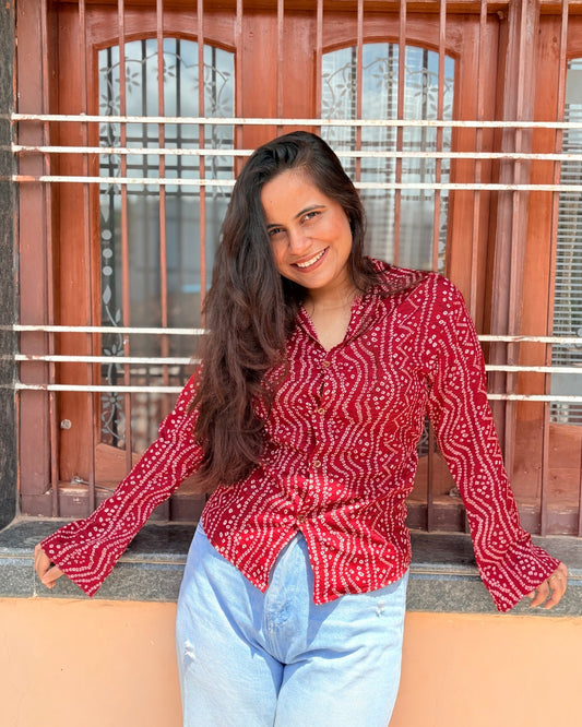 Women's Red Bandhani Print Cotton Shirt with Flared Sleeves