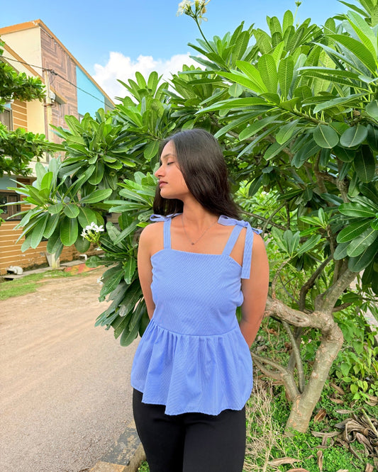 Blue Checkered Tie Strap Cotton Peplum Top for Women