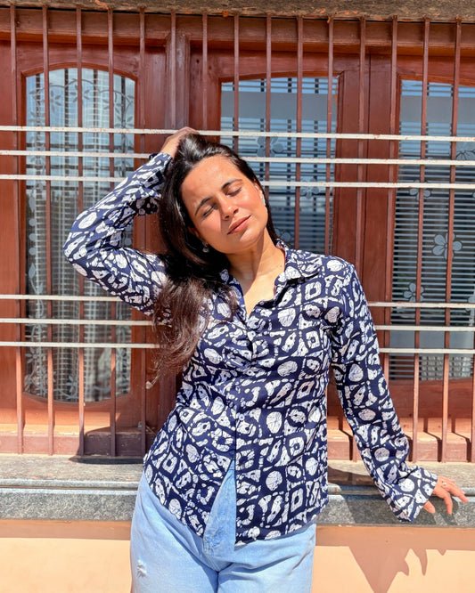 Women's Navy Blue Abstract Print Flared Sleeve Shirt