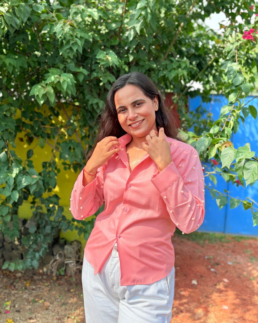 Blush Pink Pearl-Embellished Shirt for Women