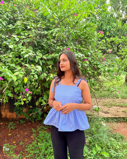 Blue Checkered Tie Strap Cotton Peplum Top for Women