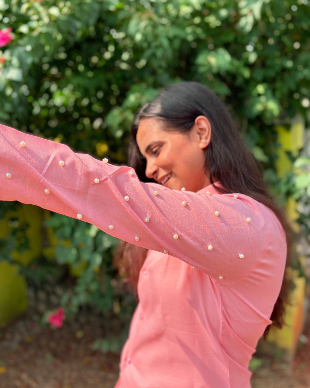 Blush Pink Pearl-Embellished Shirt for Women