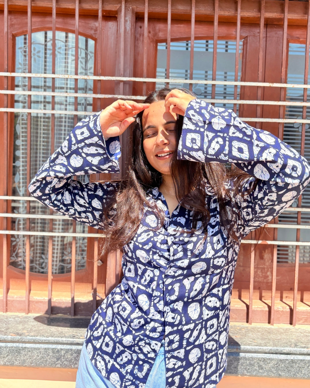 Women's Navy Blue Abstract Print Flared Sleeve Shirt