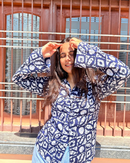 Women's Navy Blue Abstract Print Flared Sleeve Shirt