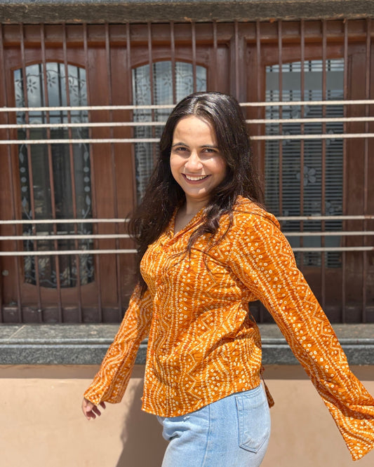 Women's Mustard Bandhani Print Flared Sleeve Shirt