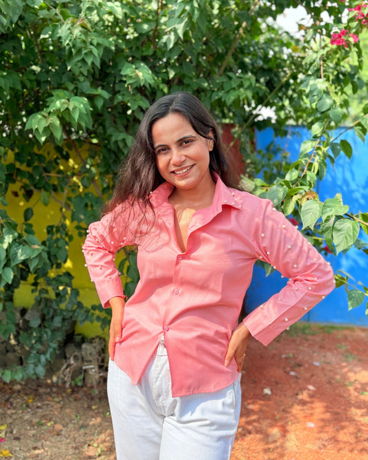 Blush Pink Pearl-Embellished Shirt for Women