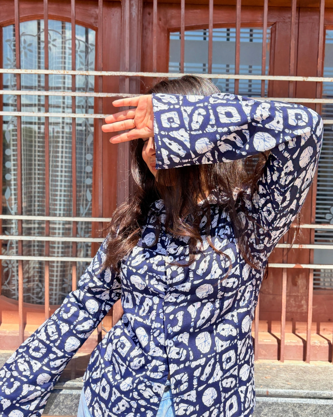Women's Navy Blue Abstract Print Flared Sleeve Shirt