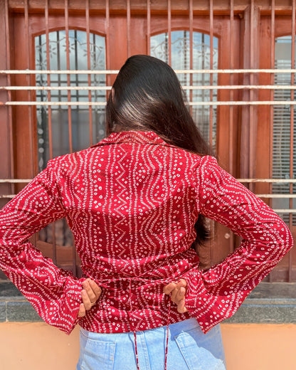 Women's Red Bandhani Print Cotton Shirt with Flared Sleeves