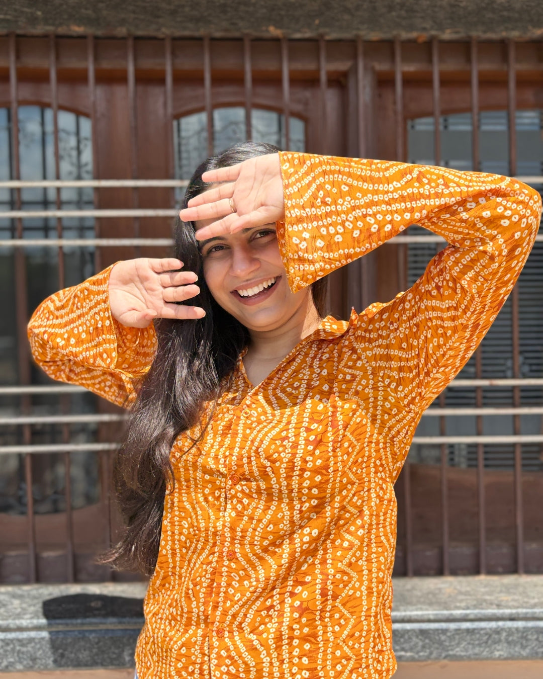 Women's Mustard Bandhani Print Flared Sleeve Shirt