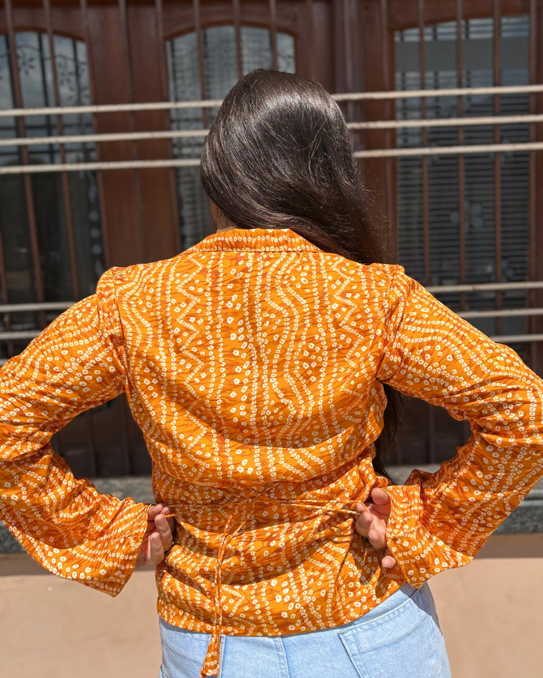 Women's Mustard Bandhani Print Flared Sleeve Shirt