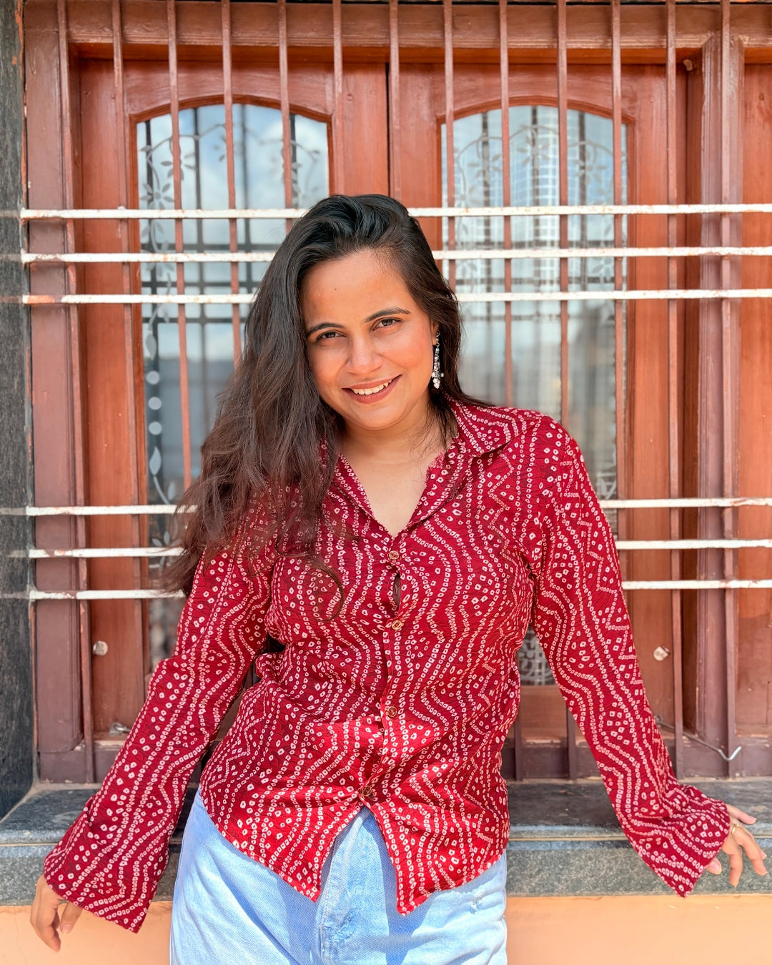 Women's Red Bandhani Print Cotton Shirt with Flared Sleeves