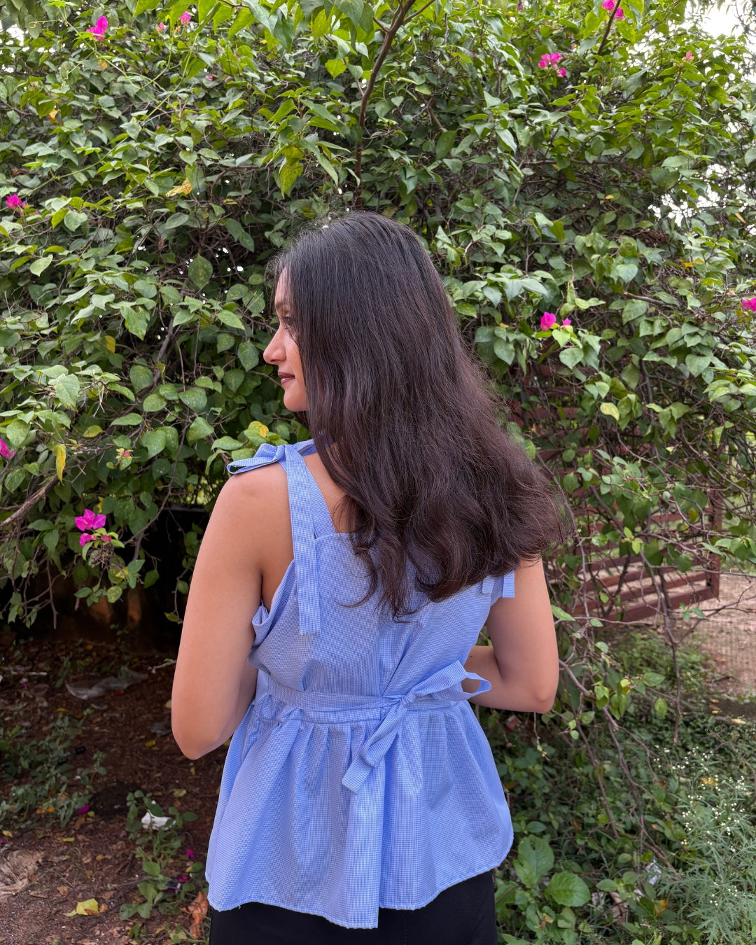 Blue Checkered Tie Strap Cotton Peplum Top for Women