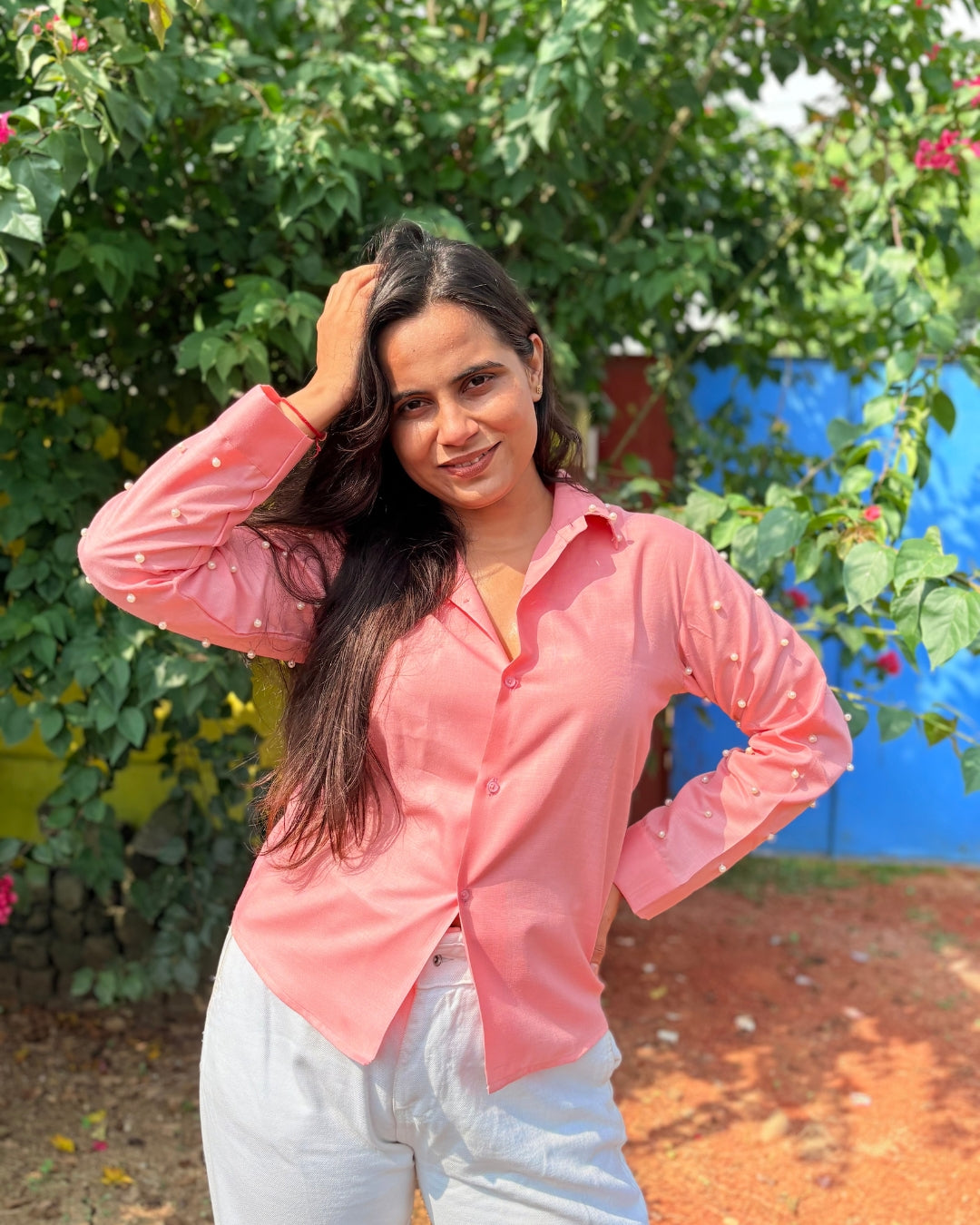 Blush Pink Pearl-Embellished Shirt for Women