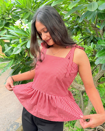 Red Checked Sleeveless Tie Shoulder Top