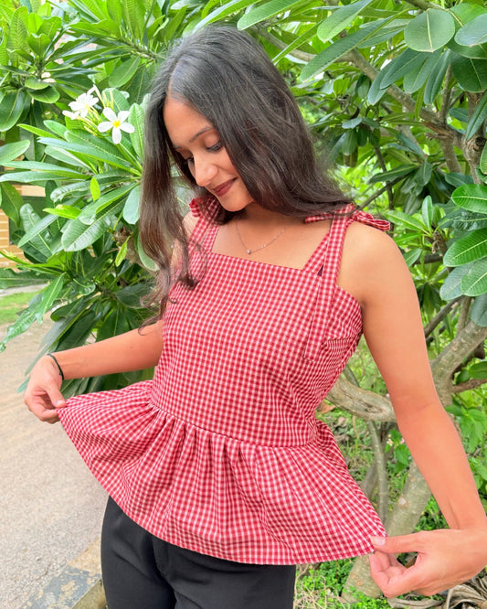 Red Checked Sleeveless Tie Shoulder Top