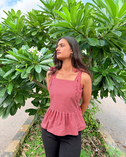 Red Checked Sleeveless Tie Shoulder Top