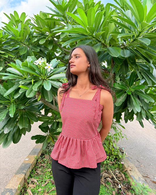 Red Checked Sleeveless Tie Shoulder Top