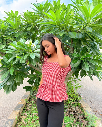Red Checked Sleeveless Tie Shoulder Top