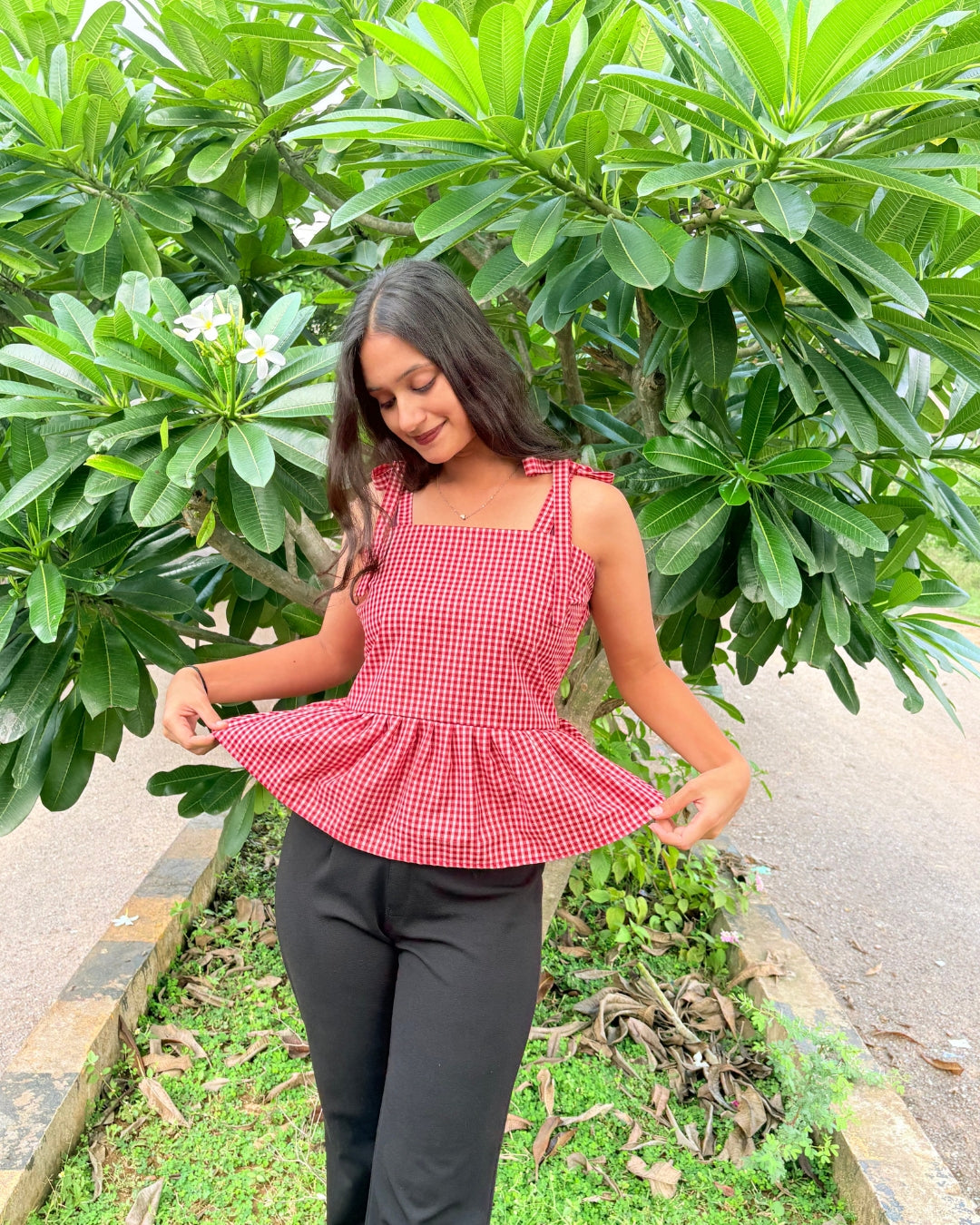 Red Checked Sleeveless Tie Shoulder Top